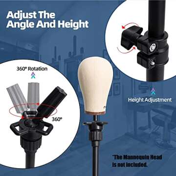 GOODOFFER PLACE Wig Head Stand Metal Mannequin Head Tripod Stand Adjustable with Carrying Bag,30pc T-PIN for Maniquins Head Manikin Head Training Canvas Block Head Hairextension Cosmetology