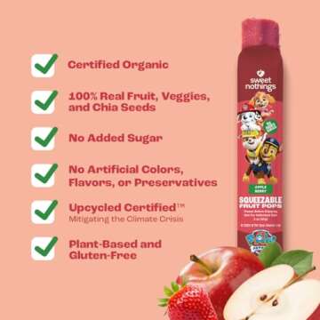 Sweet Nothings, PAW Patrol Apple Berry, USDA Organic Kids' Squeezable Super Fruit Popsicle Pops, Value Pack of 24 - Dye-Free, No Added Sugar, Dairy-Free, Vegan, Healthy Organic Fruit and Veggie Pops, Freeze & Enjoy