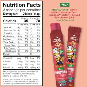 Sweet Nothings, PAW Patrol Apple Berry, USDA Organic Kids' Squeezable Super Fruit Popsicle Pops, Value Pack of 24 - Dye-Free, No Added Sugar, Dairy-Free, Vegan, Healthy Organic Fruit and Veggie Pops, Freeze & Enjoy