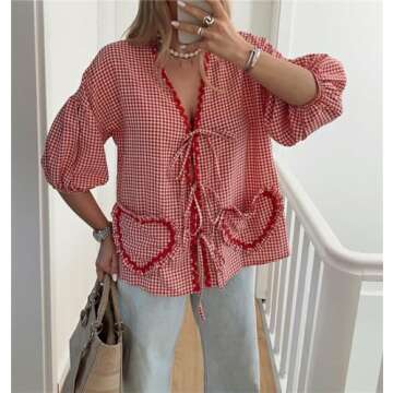 Women Y2k Love Heart Embroidery Peplum Blouse Puff Sleeve Tie Front Plaid Shirt Teen Girls Cute Summ...