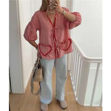 Women Y2k Love Heart Embroidery Peplum Blouse Puff Sleeve Tie Front Plaid Shirt Teen Girls Cute Summer Shirt (Red #kk1, L)