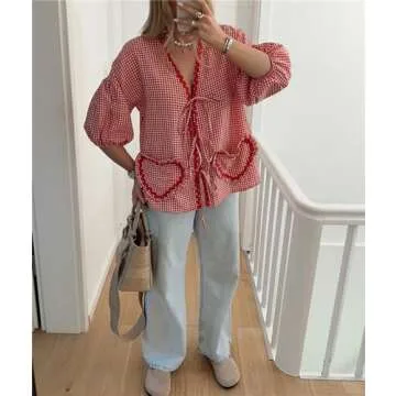 Women Y2k Love Heart Embroidery Peplum Blouse Puff Sleeve Tie Front Plaid Shirt Teen Girls Cute Summer Shirt (Red #kk1, L)