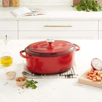 Lodge 7 Quart Enameled Cast Iron Oval Dutch Oven with Lid – Dual Handles – Oven Safe up to 500° F or on Stovetop - Use to Marinate, Cook, Bake, Refrigerate and Serve – Red