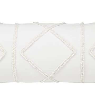 Bohemian Boho Chic Ivory Macrame Tufted Tassel Accent Decorative Couch Long Throw Zipper Body Pillow Cover Case 54x20 Solid Cream Textured Minimalist Off White Cotton Fringe Farmhouse Indie Room Decor