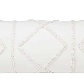 Bohemian Boho Chic Ivory Macrame Tufted Tassel Accent Decorative Couch Long Throw Zipper Body Pillow Cover Case 54x20 Solid Cream Textured Minimalist Off White Cotton Fringe Farmhouse Indie Room Decor