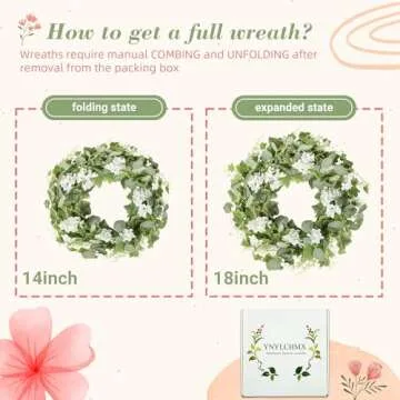 YNYLCHMX 18" Spring Wreaths for Front Door Summer Wreath with White Flowers Grapevines Green Eucalyptus Leaves, Artificial Floral Wreath for Wall Window Farmhouse
