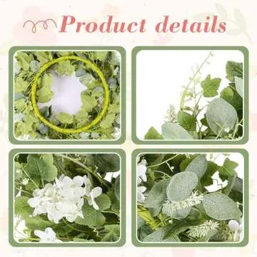 YNYLCHMX 18" Spring Wreaths for Front Door Summer Wreath with White Flowers Grapevines Green Eucalyptus Leaves, Artificial Floral Wreath for Wall Window Farmhouse