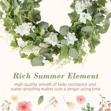 YNYLCHMX 18" Spring Wreaths for Front Door Summer Wreath with White Flowers Grapevines Green Eucalyptus Leaves, Artificial Floral Wreath for Wall Window Farmhouse