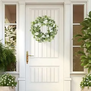 YNYLCHMX 18" Spring Wreaths for Front Door Summer Wreath with White Flowers Grapevines Green Eucalyptus Leaves, Artificial Floral Wreath for Wall Window Farmhouse