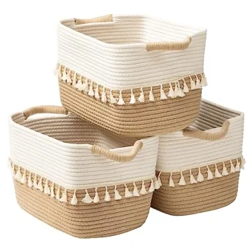 TeoKJ Woven Storage Bin Set of 3, Chic Cotton Rope Baskets for Home Organization