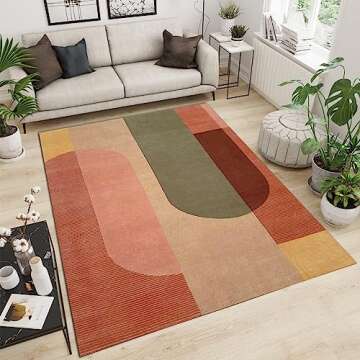Boho Colorful Geometric Area Rug, Retro Pink Orange Rectangle Large Printed Rugs, Indoor Non-Slip Kids Rugs Machine Washable Carpet for Bedroom Living Room Front Entrance Floor Decor 5x8ft