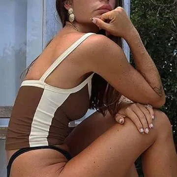 Faretumiya Women Strappy Square Neck Tank Top Color Block Sleeveless Cropped Cami Y2k Egirl Crop Vest Shirt Streetwear（Brown，Small）