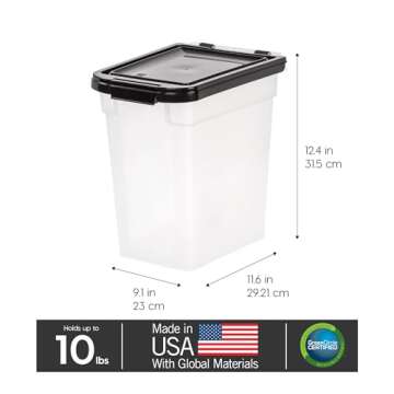 IRIS USA WeatherPro Airtight Pet Food Storage Container, Up to 10 lbs, for Dog Cat Bird and Other Pet Food Storage Bin, Keep Fresh, Translucent Body, BPA Free, Clear/Black