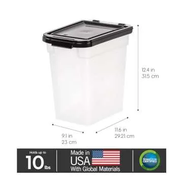 IRIS USA WeatherPro Airtight Pet Food Storage Container, Up to 10 lbs, for Dog Cat Bird and Other Pet Food Storage Bin, Keep Fresh, Translucent Body, BPA Free, Clear/Black