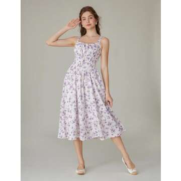 Floral Corset Dress for Women Ruched Bust Flowy Spring Summer Sun Dress Purple XXL