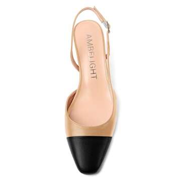 AMBELIGHT Women's Low Heel Matte Slingback Square Toe 2 Inch Dress Chunky Buckle Two Tone Evening Pumps Shoes Black Beige Size 8 - Tacones de Mujer