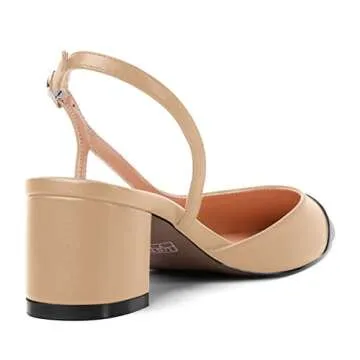 AMBELIGHT Women's Low Heel Matte Slingback Square Toe 2 Inch Dress Chunky Buckle Two Tone Evening Pumps Shoes Black Beige Size 8 - Tacones de Mujer
