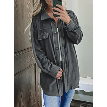 Chic Astylish Women's Button Down Shirt Jacket with Pockets Gray