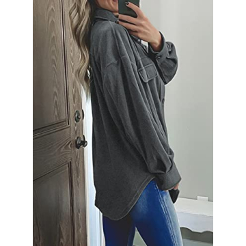 Chic Astylish Women's Button Down Shirt Jacket with Pockets Gray