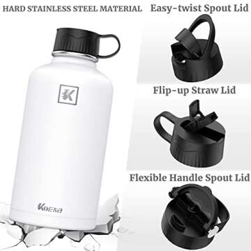Koeka Half Gallon/64OZ Insulated Steel Water Bottle with Handle and Straw, Double Walled & Three Lids, Wide Mouth Vacuum Insulated Leak Proof Stainless Water Bottle (Classic White)
