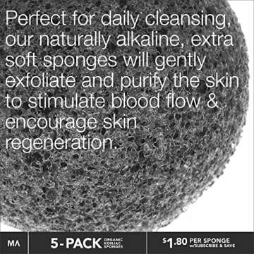 Minamul Konjac Exfoliating Organic Facial Sponge Set, Gentle daily face scrub/skincare, best bamboo activated charcoal, Safe for Oily, Dry, Combination or Sensitive skin, Makeup Remover, 5 pack