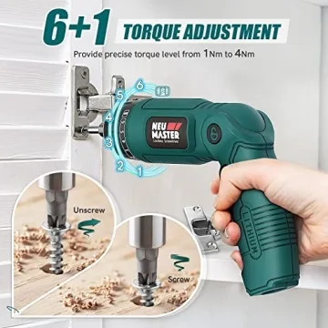 NEU MASTER Cordless Screwdriver, 4V Electric Screwdriver Rechargeable Power Screwdriver With Pivoting Handle, Front And Rear LED Light, 32pcs Bits, 6+1 Torque Setting, 2000 mAh Battery Screwdriver