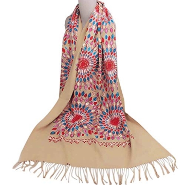 Urban CoCo Women's Embroidered Oversize Tassel Shawl Scarf Wraps for Women (Camel)
