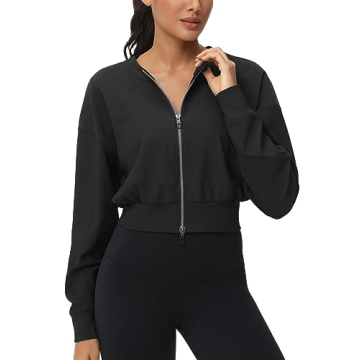 THE GYM PEOPLE Women's Cropped Jackets Full Zip Long Sleeve Ribbed Workout Sweatshirts Lightweight C...
