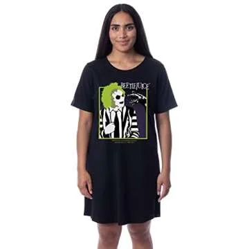 INTIMO Beetlejuice Womens' Minimalist Character Logo Nightgown Sleep Pajama Shirt (Medium) Black