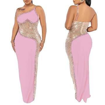 PORRCEY Women's Sexy Hot Drilling One Shoulder Mesh See Through Maxi Dress Bodycon Party Club Night Outfits(K9099,Pink,S)