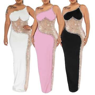 PORRCEY Women's Sexy Hot Drilling One Shoulder Mesh See Through Maxi Dress Bodycon Party Club Night Outfits(K9099,Pink,S)