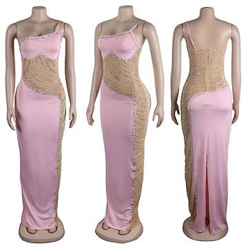 PORRCEY Women's Sexy Hot Drilling One Shoulder Mesh See Through Maxi Dress Bodycon Party Club Night Outfits(K9099,Pink,S)