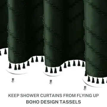 Siiluminisoy Extra Long Dark Green Boho Shower Curtain with Tassel, Woven Fabric 84 in Shower Curtain, Tufted Chevron Striped, 72 x 84, Modern Chic Textured Minimalist Bathroom Shower