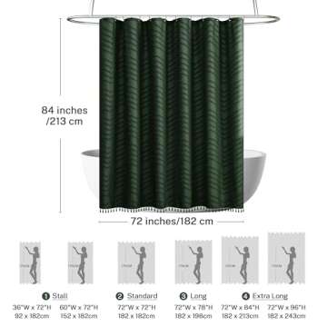 Siiluminisoy Extra Long Dark Green Boho Shower Curtain with Tassel, Woven Fabric 84 in Shower Curtain, Tufted Chevron Striped, 72 x 84, Modern Chic Textured Minimalist Bathroom Shower