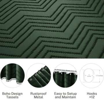 Siiluminisoy Extra Long Dark Green Boho Shower Curtain with Tassel, Woven Fabric 84 in Shower Curtain, Tufted Chevron Striped, 72 x 84, Modern Chic Textured Minimalist Bathroom Shower