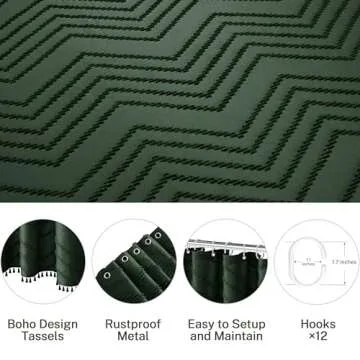 Siiluminisoy Extra Long Dark Green Boho Shower Curtain with Tassel, Woven Fabric 84 in Shower Curtain, Tufted Chevron Striped, 72 x 84, Modern Chic Textured Minimalist Bathroom Shower