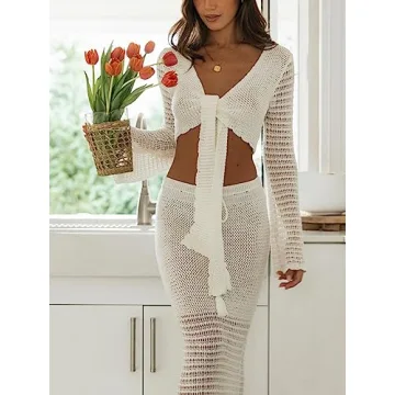 Stylish Women's Crochet Knit 2 Piece Skirt Set