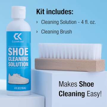 CleanKicks Shoe Cleaning Kit - Footwear Cleaner for Sneakers, Boots, Cleats, and Many Other Shoe Types - (4 Ounce Bottle and Brush). Packaging May Vary Between Green and Blue.