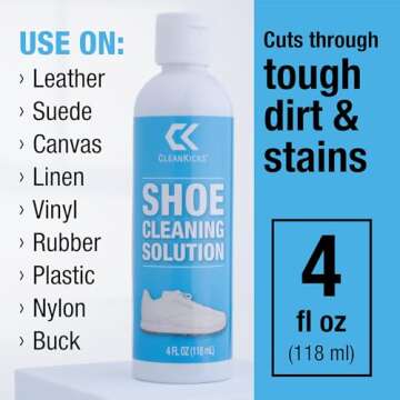 CleanKicks Shoe Cleaning Kit - Footwear Cleaner for Sneakers, Boots, Cleats, and Many Other Shoe Types - (4 Ounce Bottle and Brush). Packaging May Vary Between Green and Blue.