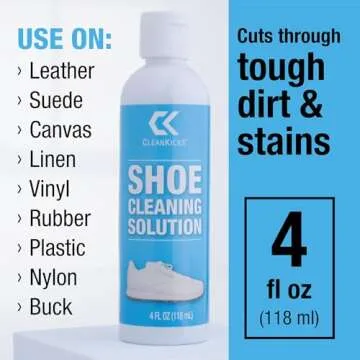 CleanKicks Shoe Cleaning Kit - Footwear Cleaner for Sneakers, Boots, Cleats, and Many Other Shoe Types - (4 Ounce Bottle and Brush). Packaging May Vary Between Green and Blue.
