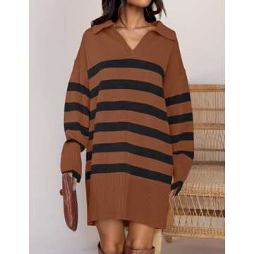 ZESICA Women's Striped Sweater Dress Spring Long Sleeve V Neck Collar Loose Knit Mini Dresses,Caramel,Medium