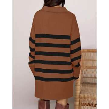 ZESICA Women's Striped Sweater Dress Spring Long Sleeve V Neck Collar Loose Knit Mini Dresses,Caramel,Medium