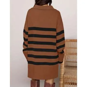 ZESICA Women's Striped Sweater Dress Spring Long Sleeve V Neck Collar Loose Knit Mini Dresses,Caramel,Medium