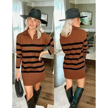 ZESICA Women's Striped Sweater Dress Spring Long Sleeve V Neck Collar Loose Knit Mini Dresses,Caramel,Medium
