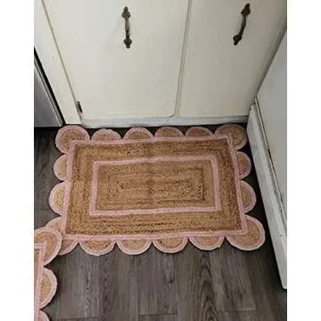 KLAVATE Scalloped Home Decor Braided Bohemian Jute Area Rug - 2x3 ft, Pink