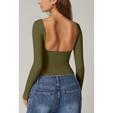 QINSEN Long Sleeve Tee Shirt for Women with Open Back