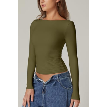 QINSEN Long Sleeve Tee Shirt for Women with Open Back
