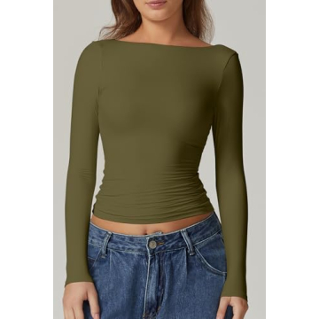 QINSEN Long Sleeve Tee Shirt for Women with Open Back