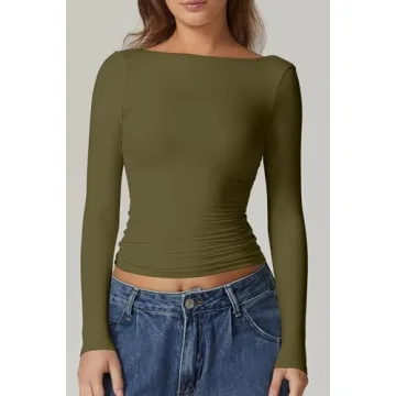 QINSEN Long Sleeve Tee Shirt for Women with Open Back