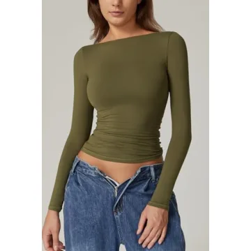 QINSEN Long Sleeve Tee Shirt for Women with Open Back